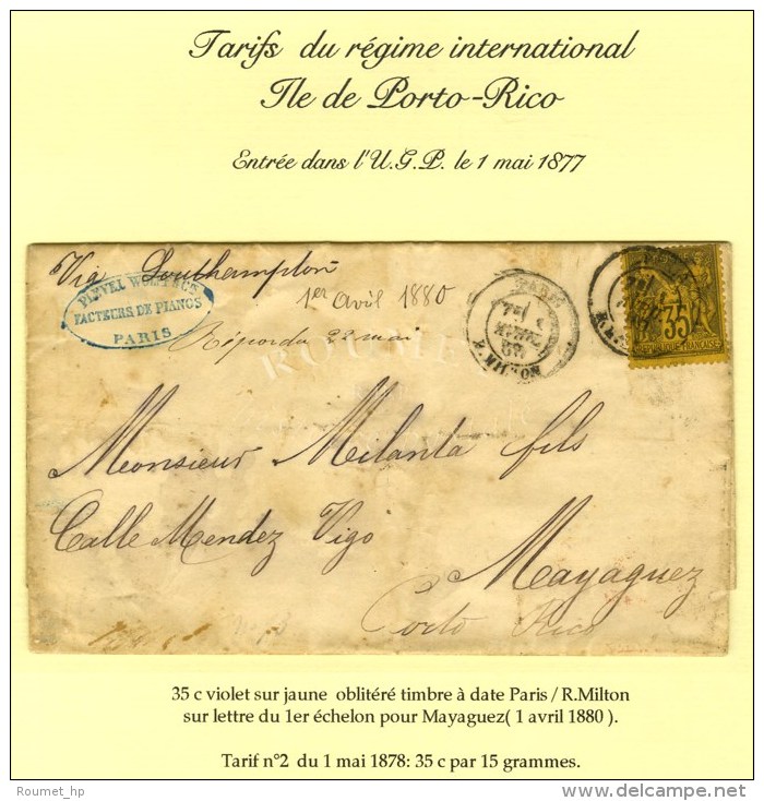 C&agrave;d PARIS / R. MILTON / N&deg; 93 Sur Lettre Pour Mayaguez. 1880. - TB. - R. - Sonstige & Ohne Zuordnung