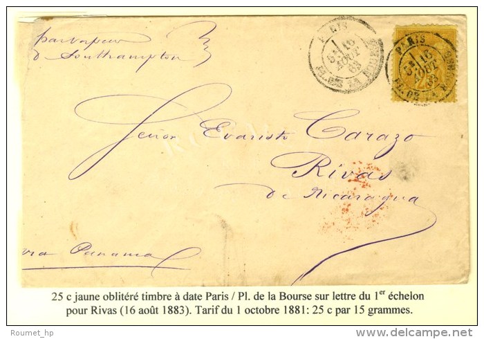 C&agrave;d PARIS / PL. DE LA BOURSE / N&deg; 92 Sur Lettre Pour Rivas (Nicaragua). 1883. Destination Tr&egrave;s... - Sonstige & Ohne Zuordnung