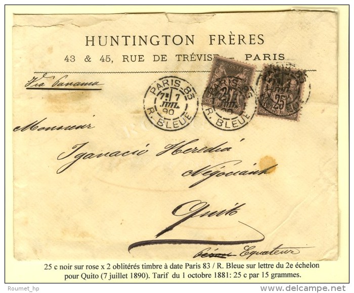 C&agrave;d PARIS 83 / R. BLEUE / N&deg; 97 (2) Sur Lettre 2 Ports Pour Quito (Equateur). 1890. - TB. - Andere & Zonder Classificatie
