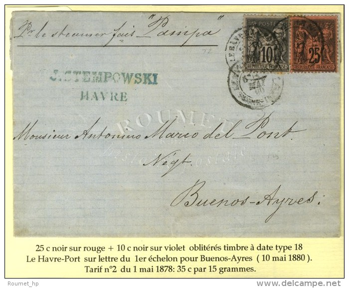 C&agrave;d LE HAVRE PORT / N&deg; 89 + 91 Sur Lettre Pour Buenos Ayres. 1880. - TB. - Autres & Non Classés