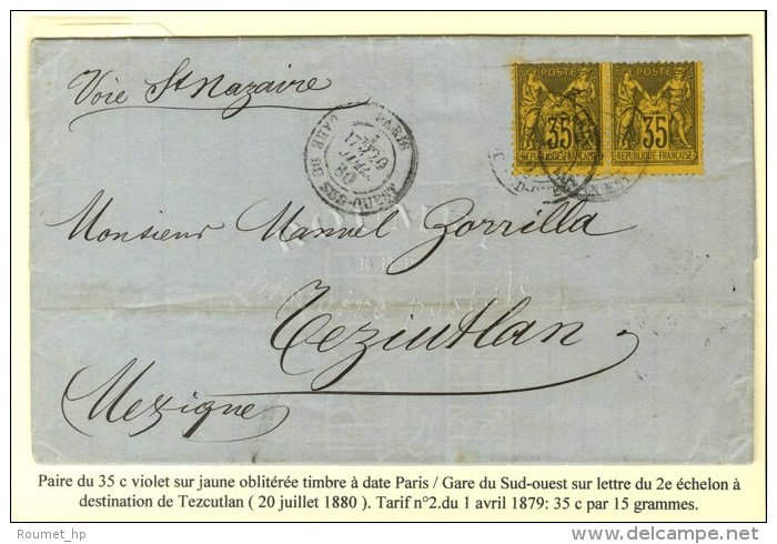 C&agrave;d PARIS / GARE DU SUD OUEST / N&deg; 93 (2) Sur Lettre 2 Ports Pour Tezcutlan (Mexique). 1880. - TB - Sonstige & Ohne Zuordnung