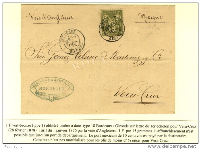 C&agrave;d BORDEAUX / GIRONDE / N&deg; 72 Sur Lettre Pour Vera Cruz. 1878. - TB / SUP. - Sonstige & Ohne Zuordnung