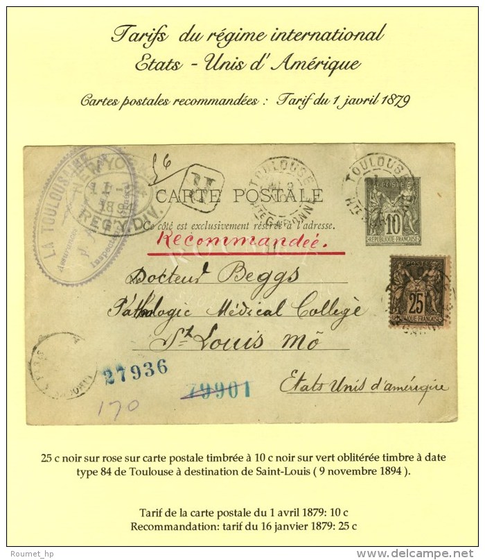 C&agrave;d TOULOUSE / Hte GARONNE Sur Entier 10c + N&deg; 97 Recommand&eacute; Pour St Louis. 1894. - TB. - R. - Sonstige & Ohne Zuordnung