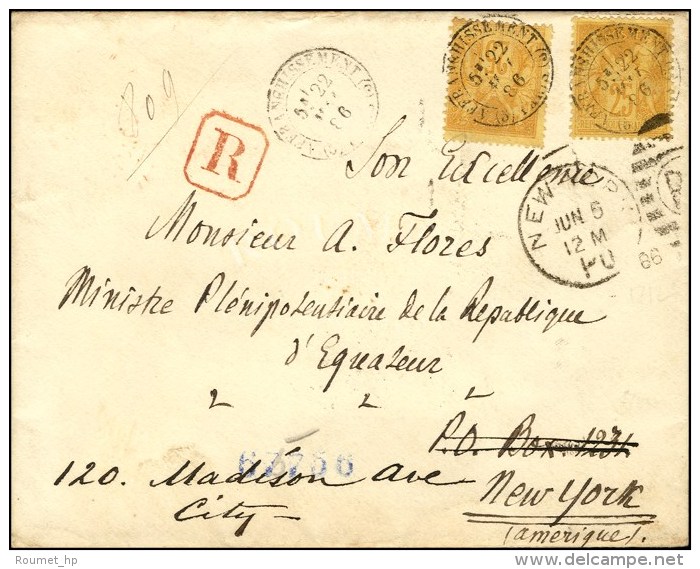 C&agrave;d (5) AFFRANCHISSEMENT (5) / PARIS / N&deg; 92 (2) Sur Lettre Recommand&eacute;e Pour New-York. 1886. -... - Andere & Zonder Classificatie