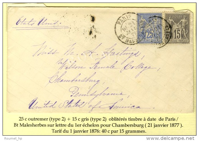 C&agrave;d PARIS / BT MALESHERBES / N&deg; 77 + 78 Sur Lettre Pour Chambersburg. 1877. - TB / SUP. - Autres & Non Classés