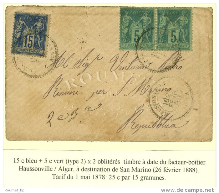 C&agrave;d T25 HAUSSONVILLE / ALGER / N&deg; 75 (2) + 90 Sur Lettre Pour St Marin. 1888. - TB. - R. - Sonstige & Ohne Zuordnung