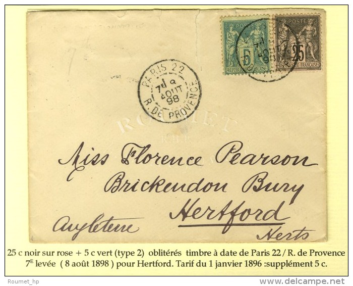 C&agrave;d De Lev. Exp. PARIS 22 / R. DE PROVENCE 7E / N&deg; 75 + 97 Sur Lettre Pour Hertford. 1898. - TB / SUP. -... - Autres & Non Classés