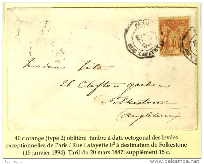 C&agrave;d Octo De Lev. Exp. PARIS / RUE LAFAYETTE E2 / N&deg; 94 Sur Lettre Pour Folkestone. 1894. - TB. - Autres & Non Classés