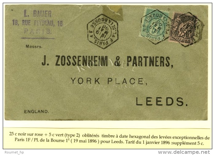 C&agrave;d Hexa De Lev. Exp. PARIS 1F / PL. DE LA BOURSE 1e / N&deg; 75 + 97 Sur Lettre Pour Leeds. 1896. - TB /... - Sonstige & Ohne Zuordnung