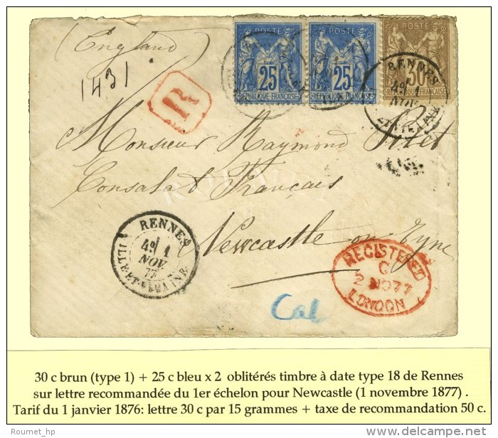 C&agrave;d RENNES / ILE ET VILAINE / N&deg; 69 + 79 Paire Sur Lettre Recommand&eacute;e Pour New Castle. 1877. -... - Sonstige & Ohne Zuordnung