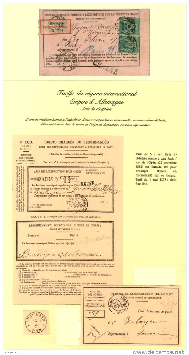 C&agrave;d PARIS / AV. DE L'OPERA / N&deg; 75 Paire Sur Avis De R&eacute;ception Pour Brulingen. 1882. - TB. - Autres & Non Classés