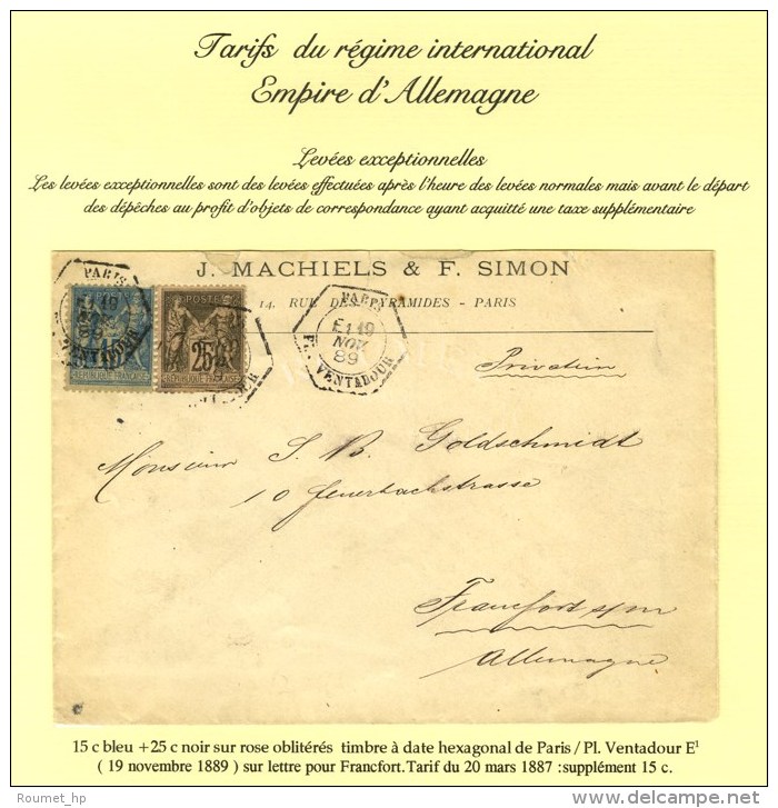 C&agrave;d Hexa De Lev. Exp. PARIS / PL. VENTADOUR E1 / N&deg; 90 + 97 Sur Lettre Pour Francfort. 1889. - SUP. - R. - Sonstige & Ohne Zuordnung