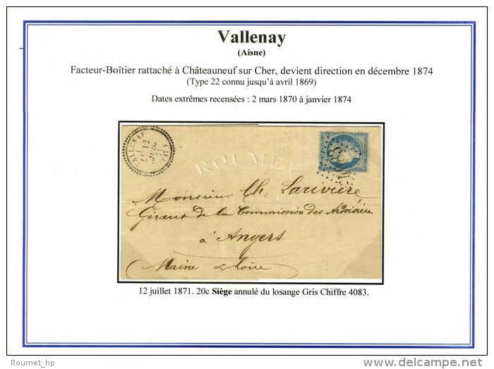 GC 4083 / N&deg; 37 C&agrave;d T 23 VALLENAY (17). 1871. Tr&egrave;s Rare Avec &eacute;mission Du Si&egrave;ge. -... - 1871-1875 Ceres