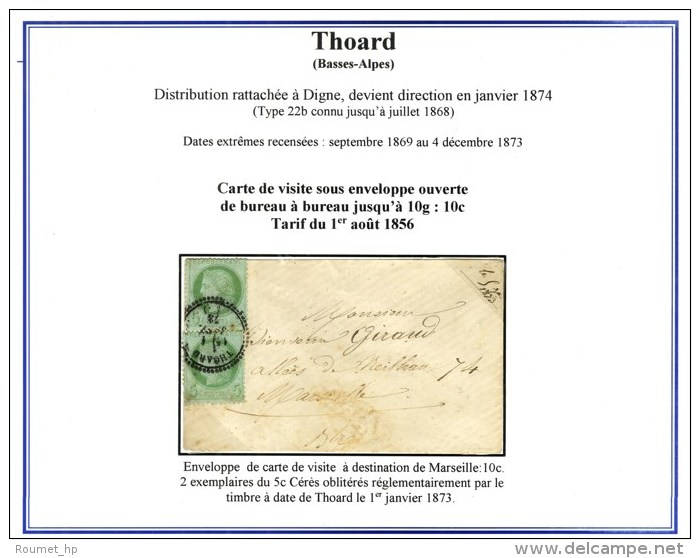 C&agrave;d T 23 THOARD (5) / N&deg; 53 (2) Sur Enveloppe Carte De Visite. 1873. - TB / SUP. - RR. - 1871-1875 Ceres