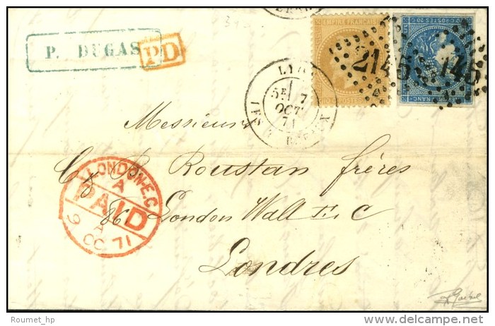 GC 2145 / N&deg; 28 + 46 C&agrave;d LYON / LES TERREAUX Sur Lettre Pour Londres. 1871. - TB / SUP. - 1870 Ausgabe Bordeaux