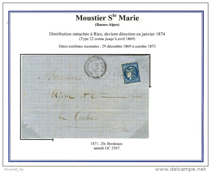GC 2567 / N&deg; 45 Bleu Tr&egrave;s Fonc&eacute; C&agrave;d T 23 MOUSTIERS-Ste-MARIE (5). 1871. - TB / SUP. - R. - 1870 Ausgabe Bordeaux