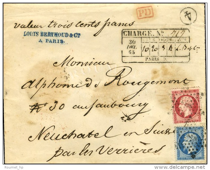 Etoile 4 / N&deg; 22 + 24 Descriptif De Chargement Noir Au Recto Sur Lettre Charg&eacute;e Pour Neuchatel. 1865. -... - 1862 Napoleon III