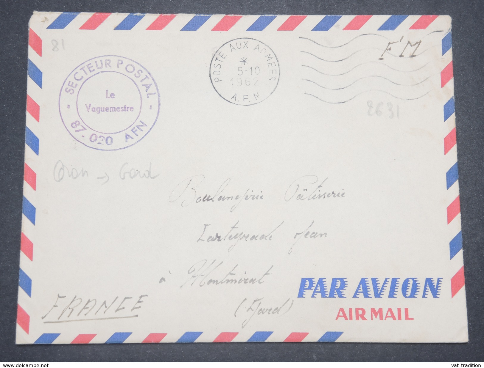 FRANCE - Enveloppe En FM Du Secteur Postal 87 020 Pour Montmirat En 1962 - L 8802 - Algerienkrieg