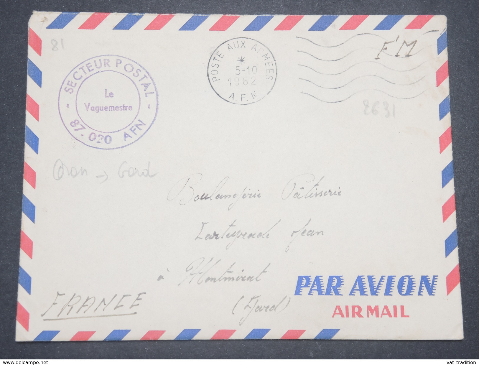 FRANCE - Enveloppe En FM Du Secteur Postal 87 020 Pour Montmirat En 1962 - L 8802 - Guerre D'Algérie