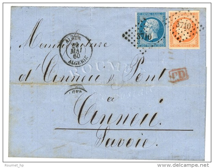 PC 3710 / N&deg; 14 + N&deg; 16 C&agrave;d T 15 ALGER / ALG&Eacute;RIE Sur Lettre Pour Annecy (Etats Sarde). Au... - 1853-1860 Napoléon III