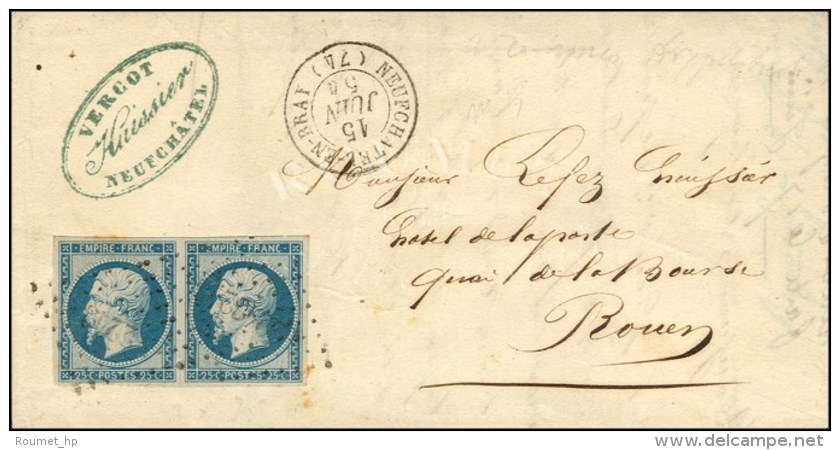 PC 2243 / N&deg; 15 Paire C&agrave;d T 15 NEUFCHATEL-EN-BRAY (74) Sur Lettres 2 Ports Pour Rouen. 1854. - TB / SUP.... - 1853-1860 Napoleon III