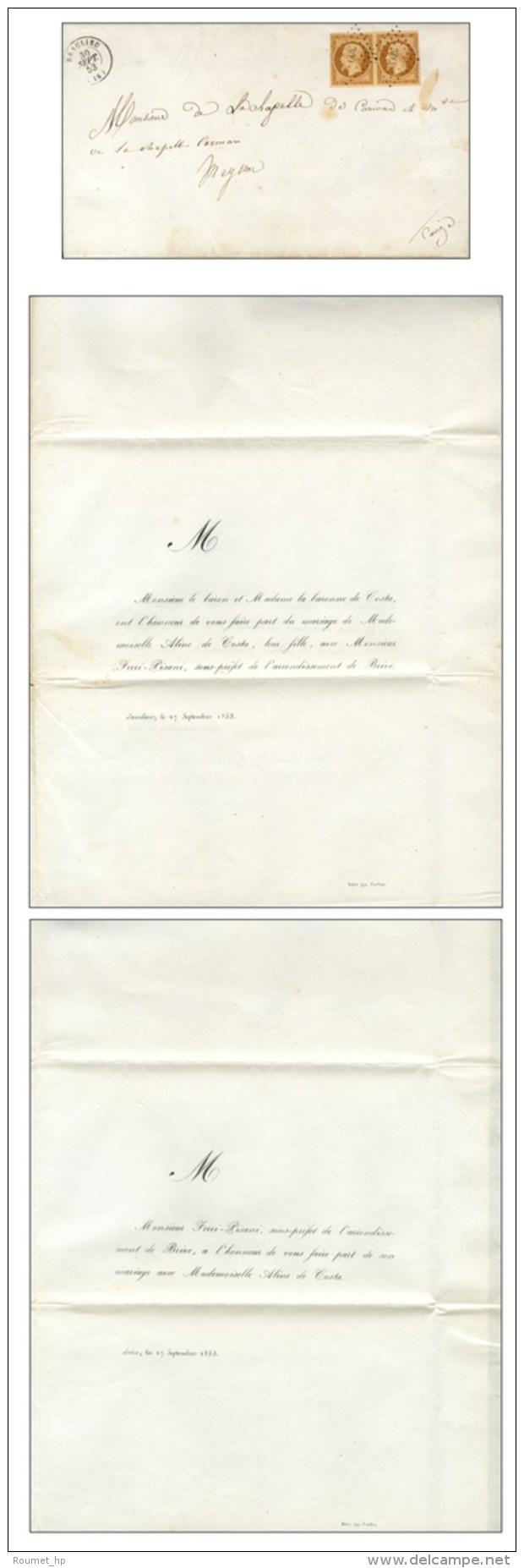 PC 309 / N&deg; 9 (paire) C&agrave;d T 15 BEAULIEU (18) Sur Double Imprim&eacute; Complet Pour Meyssac. 1853. -... - 1852 Louis-Napoleon