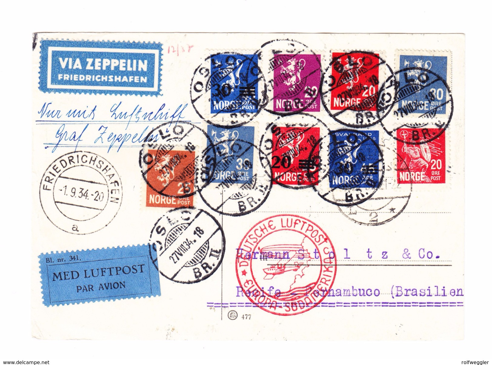 Norwegen OSLO 27-08-1934 Zeppelin Südamerikafahrt Postkarte Nach Pernambuco Via Friedrichshafen - Lettres & Documents