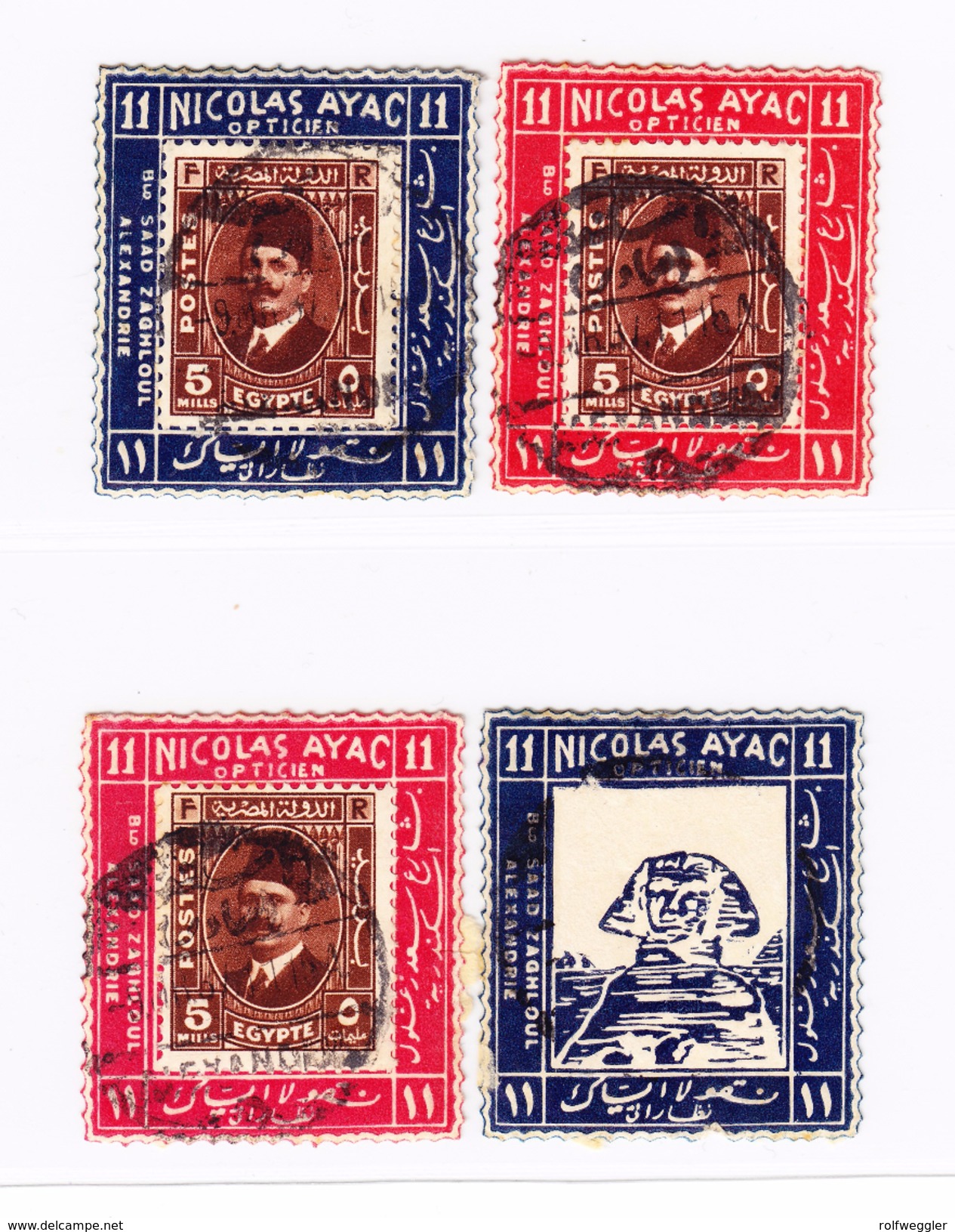 ÄGYPTEN 4 Vignetten  Nicolas Ayac Optiker (wie Kocher Für Schweiz) Mit King Fouad 5m Briefmarke (1 Fehlt) - Oblitérés