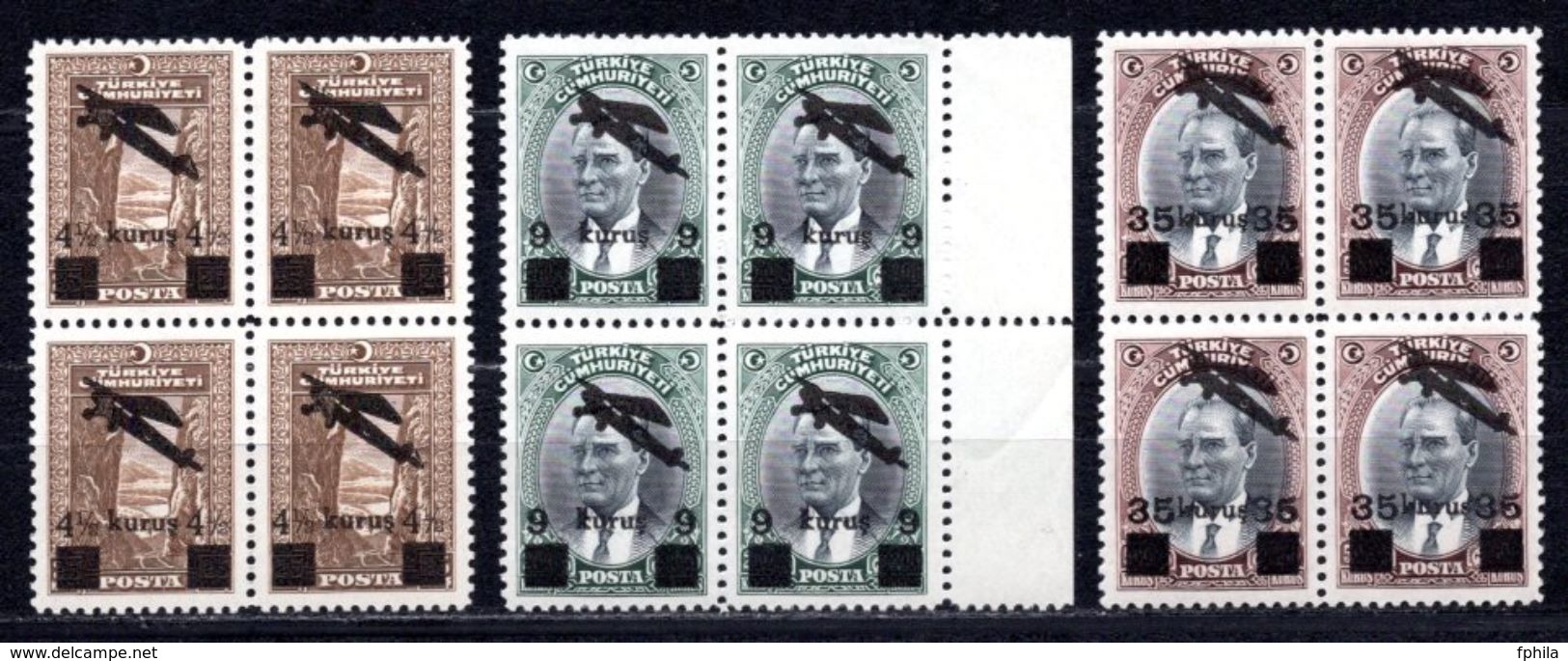 1941 TURKEY SURCHARGED AIRMAIL STAMPS BLOCK OF 4 MNH ** - Unused Stamps