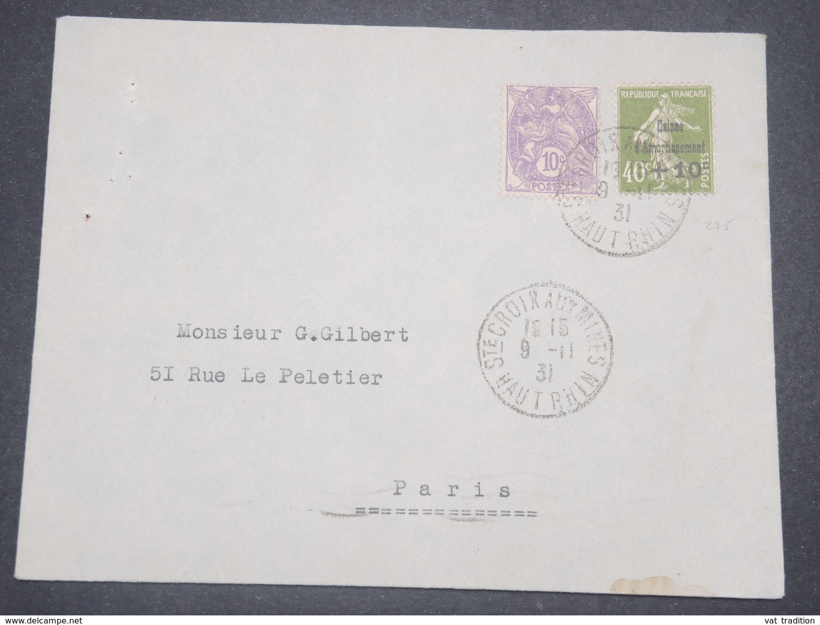 FRANCE - Enveloppe De Ste Croix Aux Mines Pour Paris En 1931 , Affranchissement Plaisant Blanc / Semeuse CA - L 8845 - 1921-1960: Modern Period