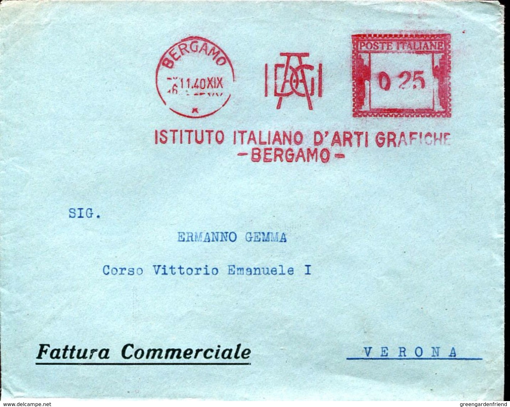 22458, Italia , Red Meter/freistempel/ema/ Bergamo 1940 Istituto Italiano Arti Grafiche, Circuled  Cover - Maschinenstempel (EMA)