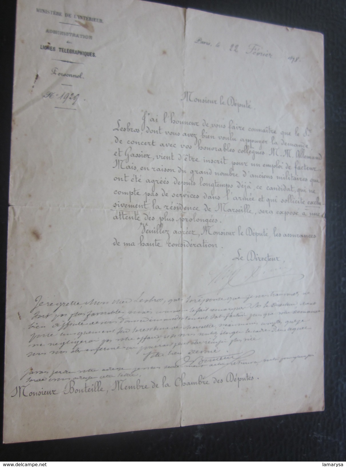 Marseille Central Le Receveur 2 Fev 1878 Document Officiel Direction Générale Des Postes Coup De Piston Député Lesbos - Documents Historiques