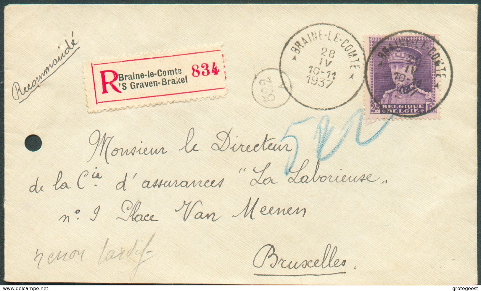 N°322 - 2Fr45 Képi  Obl. Sc BRAINE-le COMTE Sur Lettre Recommandée Du 28-IV-1937  Vers Bruxelles - 11993 - 1931-1934 Képi