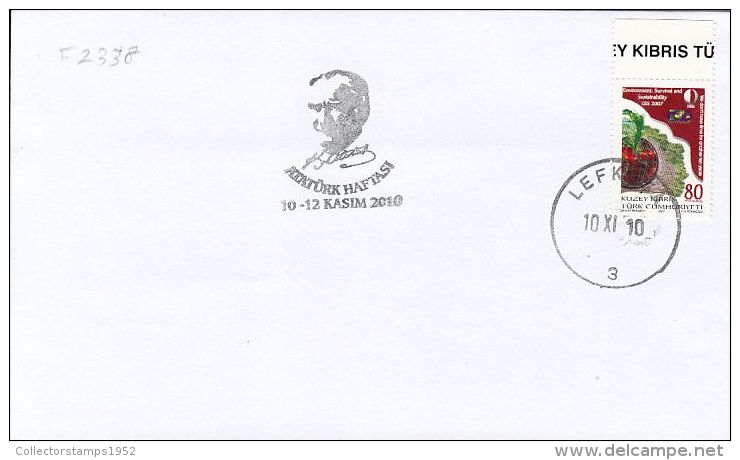 5303FM- ATATURK WEEK, SPECIAL POSTMARK ON COVER, ENVIRONEMENT PROTECTION STAMP, 2010, TURKEY - Covers & Documents