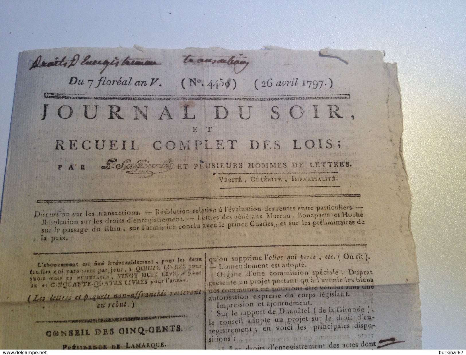 JOURNAL DU SOIR Et Recueil Complet Des Lois , 26 AVRIL 1797 - Periódicos - Antes 1800