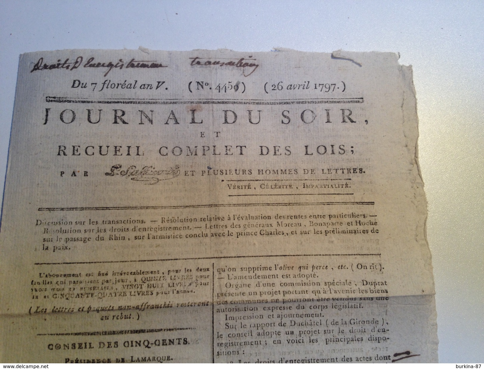 JOURNAL DU SOIR Et Recueil Complet Des Lois , 26 AVRIL 1797 - Kranten Voor 1800