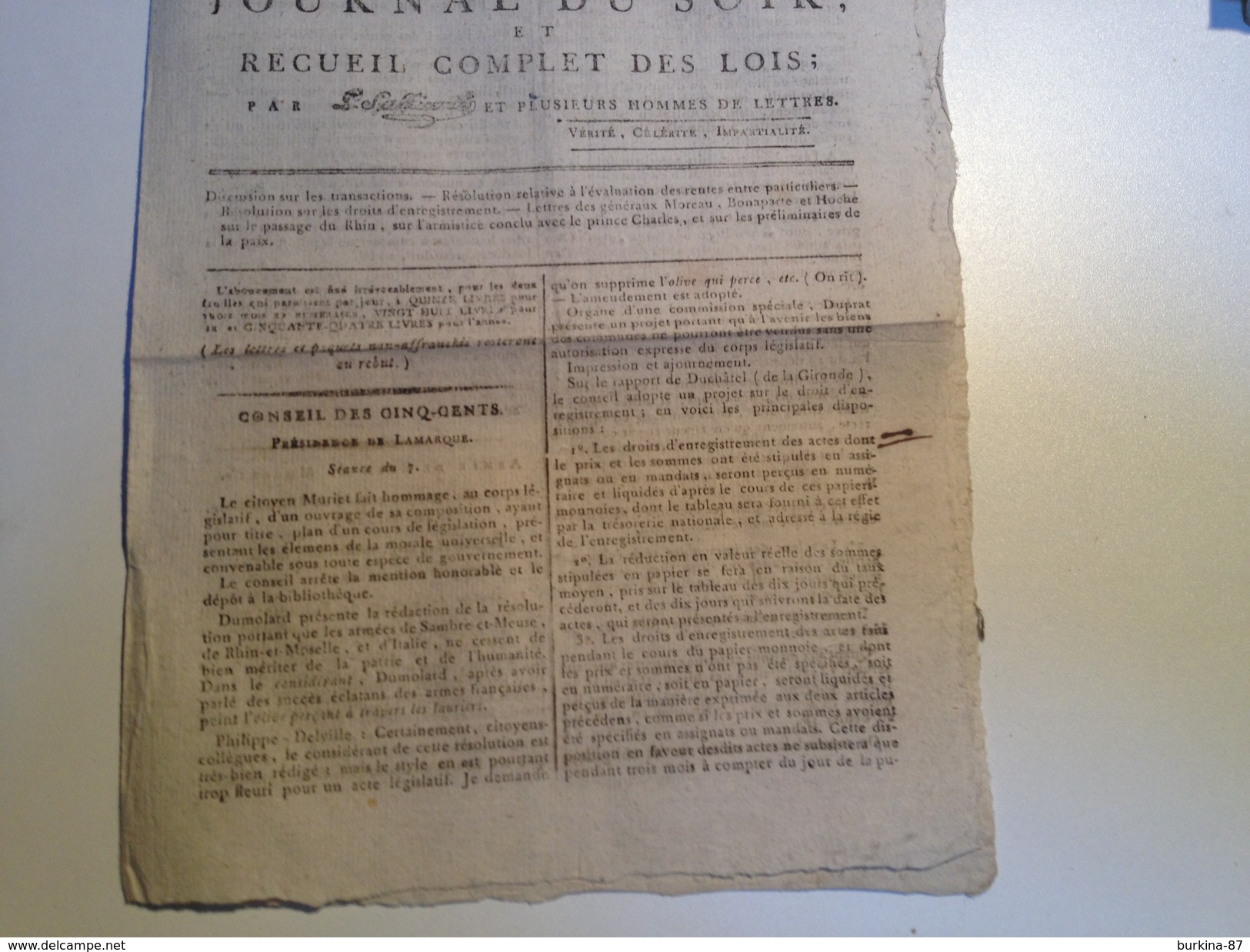 JOURNAL DU SOIR Et Recueil Complet Des Lois , 26 AVRIL 1797 - Journaux Anciens - Avant 1800