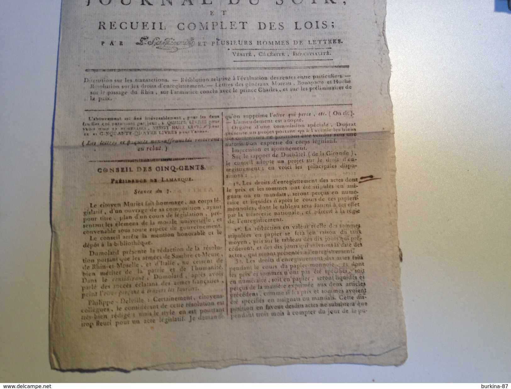 JOURNAL DU SOIR Et Recueil Complet Des Lois , 26 AVRIL 1797 - Zeitungen - Vor 1800
