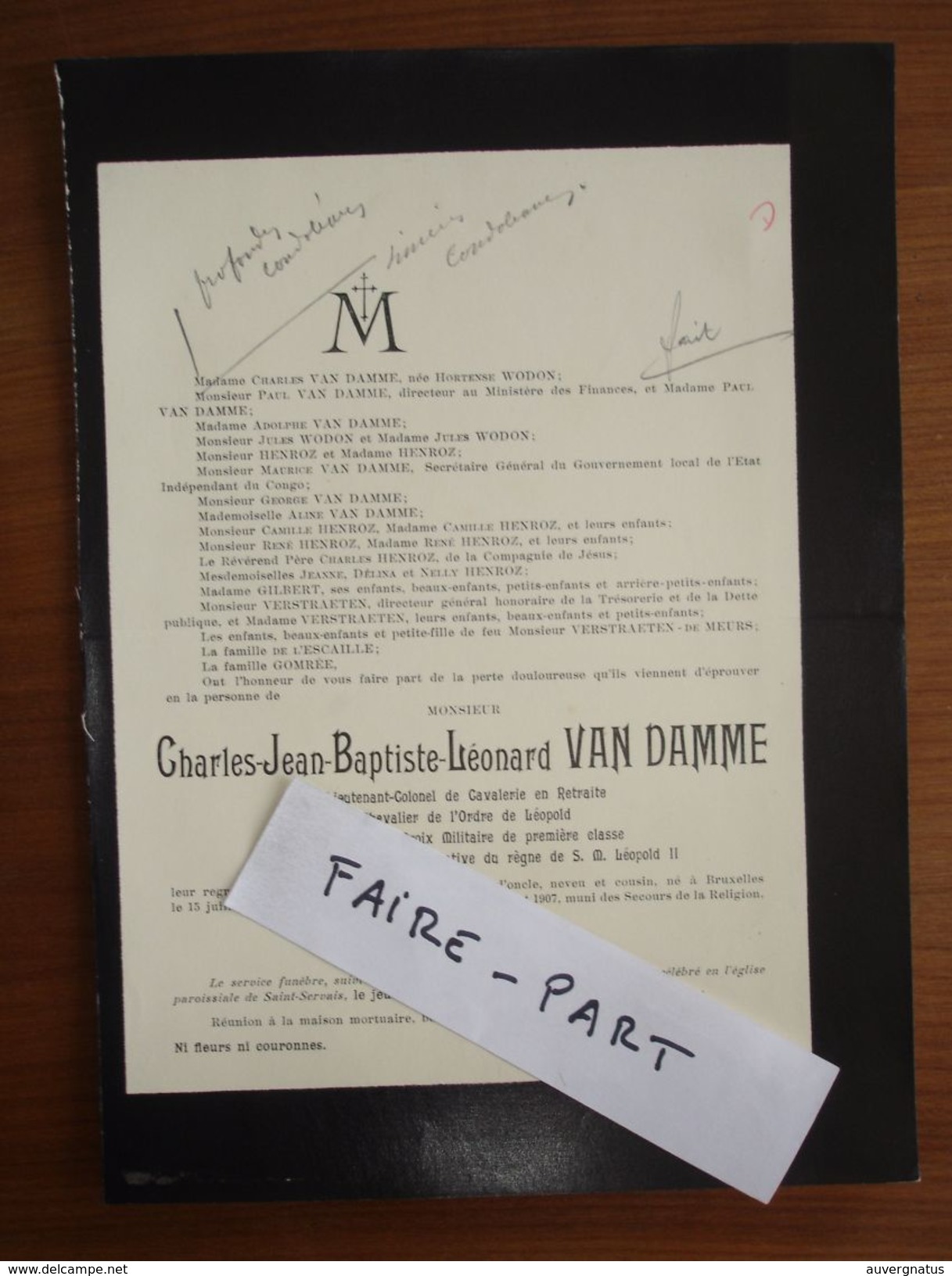 FAIRE-PART DECES 1907 VAN DAMME WODON HENROZ VERSTRAETEN De MEURS De L'ESCAILLE Bruxelles Belgique - Obituary Notices