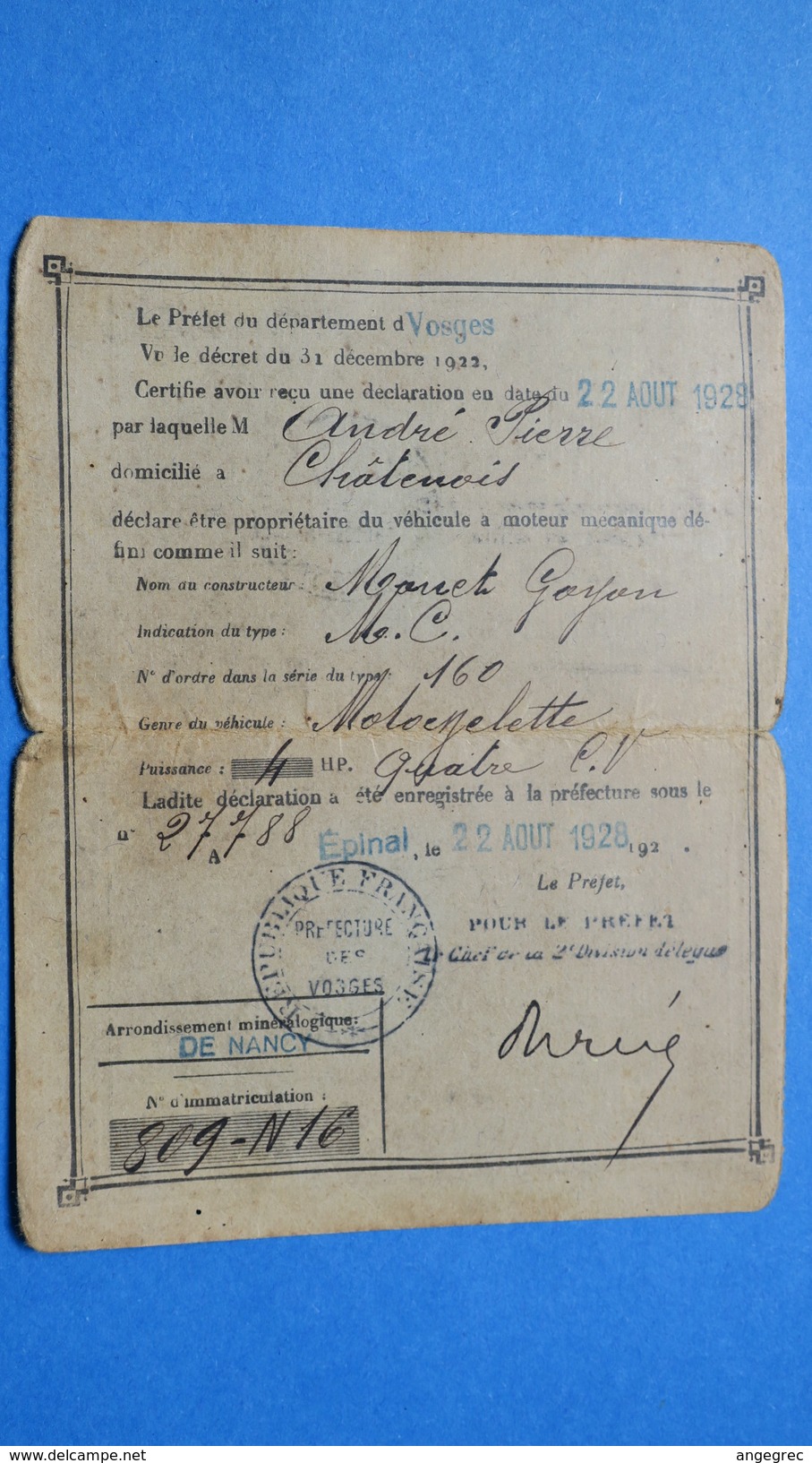 Circulation Des Automobiles Récépissé De Déclaration Département Des Vosges Avec Timbre De Dimension  3 F 60 D'Août 1928 - Documents Historiques