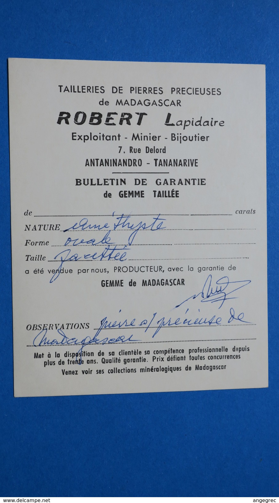 Document Sur La Vente De Pierres Précieuse De Madagascar Améthiste Ovale Mr. Robert Tailleur De Pierres - Autres & Non Classés