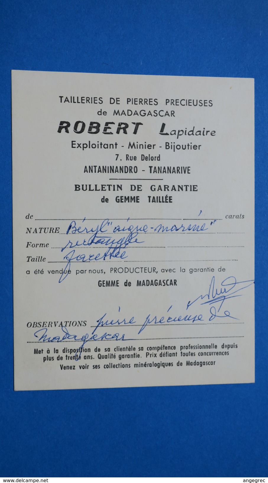 Document Sur La Vente De Pierres Précieuse De Madagascar Aigue-Marinne  Rectangulaire  Mr. Robert Tailleur De Pierres - Autres & Non Classés