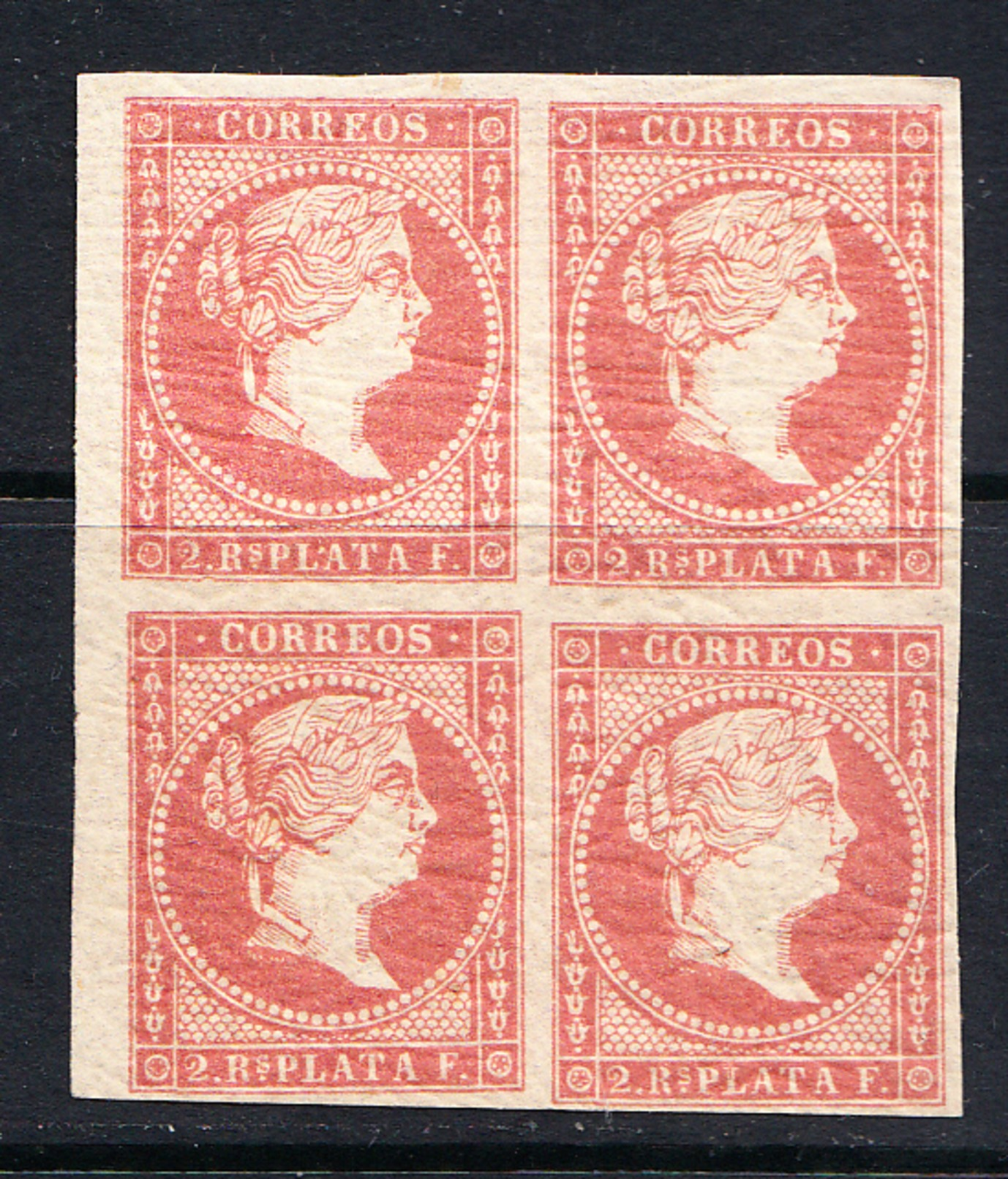 ANTILLAS  1857. 2 REALES.ROJO. BLOQUE DE 4. GOMA ORIGINAL  ISABEL II . EDIFIL Nº 9  CLASI AZUL - Cuba (1874-1898)