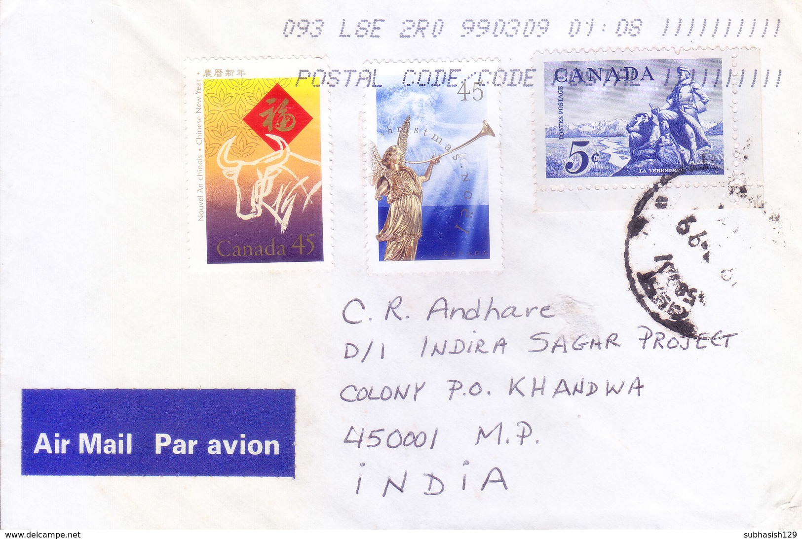 CANADA 1999 AIR MAIL COMMERCIAL COVER WITH MACHINE FRANKING, COMMERCIALLY SENT TO INDIA - Storia Postale