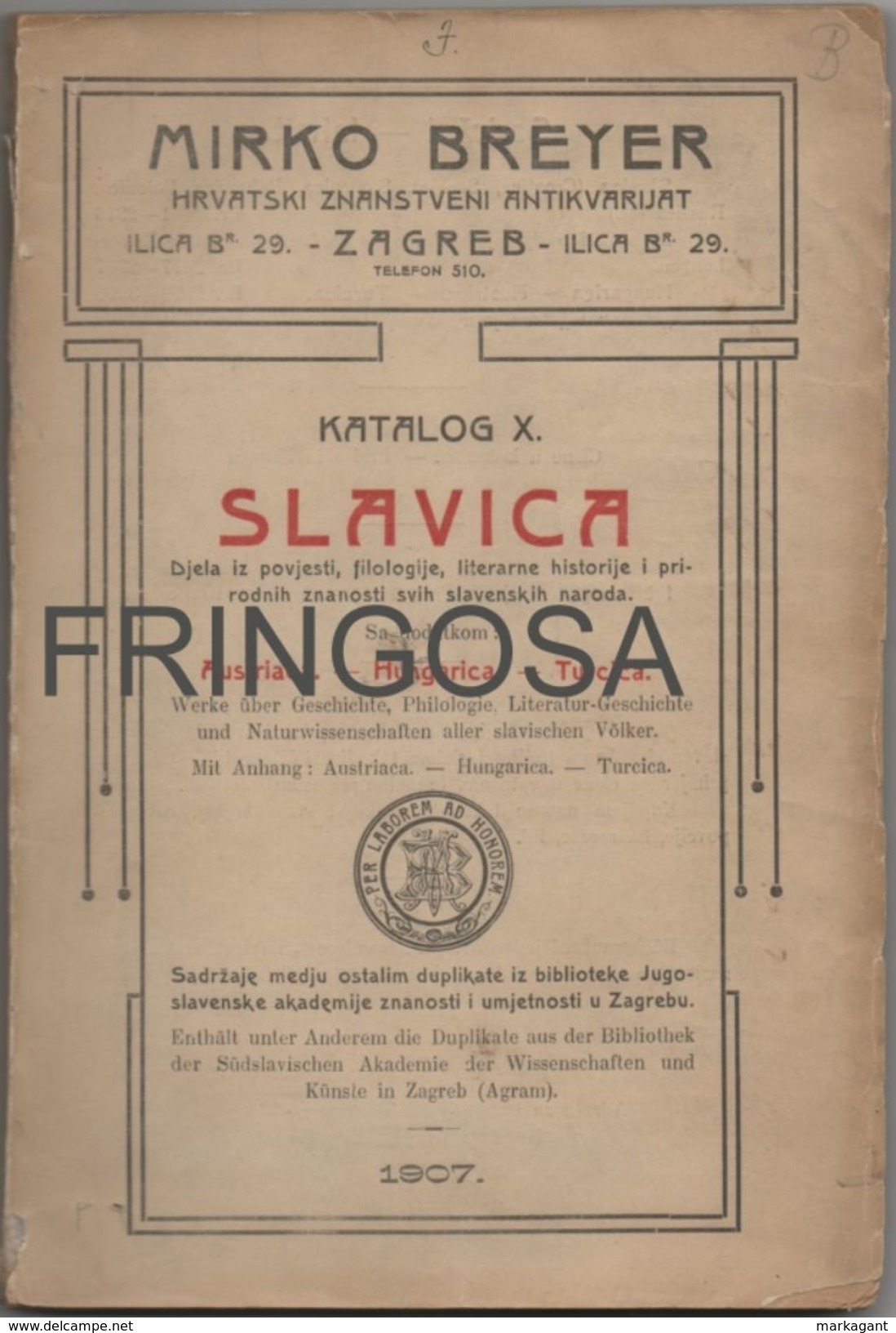 Mirko Breyer: Katalog X Slavica 1907 - Catálogos