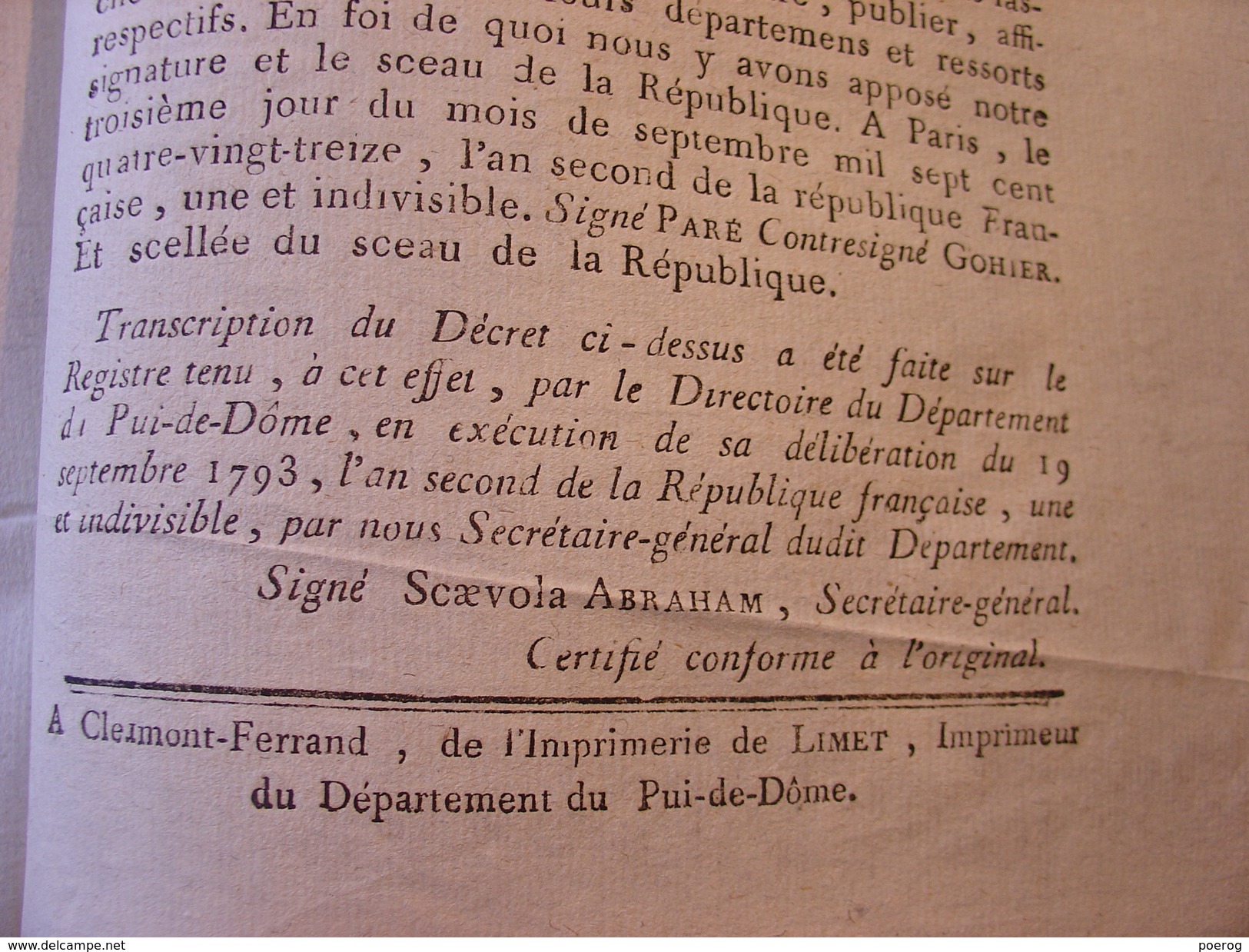 DECRET CONVENTION NATIONALE 3 SEPTEMBRE 1793 - PROHIBE EXPORTATION VIN PAPIER VINAIGRE CLERMONT FERRAND IMPRIMERIE LIMET - Decrees & Laws