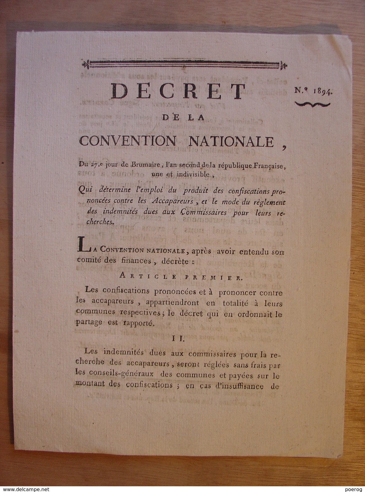 DECRET CONVENTION NATIONALE 17 NOVEMBRE 1793 - CONFISCATION ACCAPAREURS & INDEMNITES COMMISSAIRES - IMPRIMERIE LIMET - Decretos & Leyes