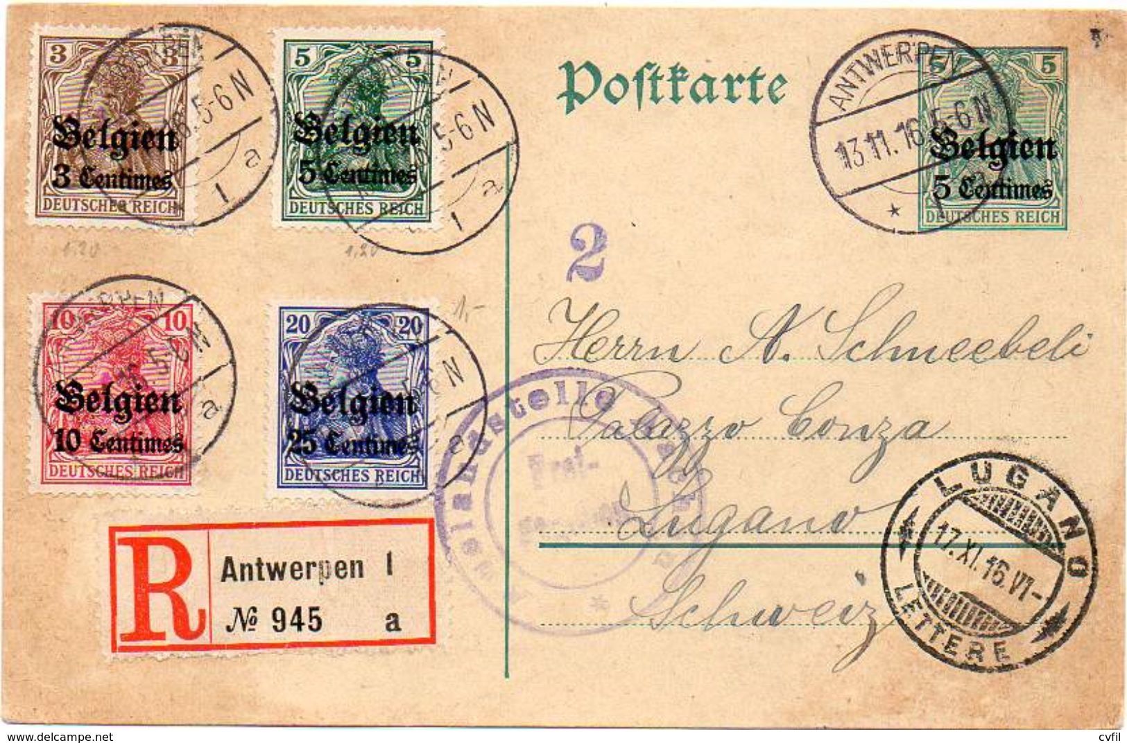 BELGIUM / BELGIEN 1916 German Occupation - Registered Entire Card From Antwerpen To Lugano - OC1/25 Gouvernement Général