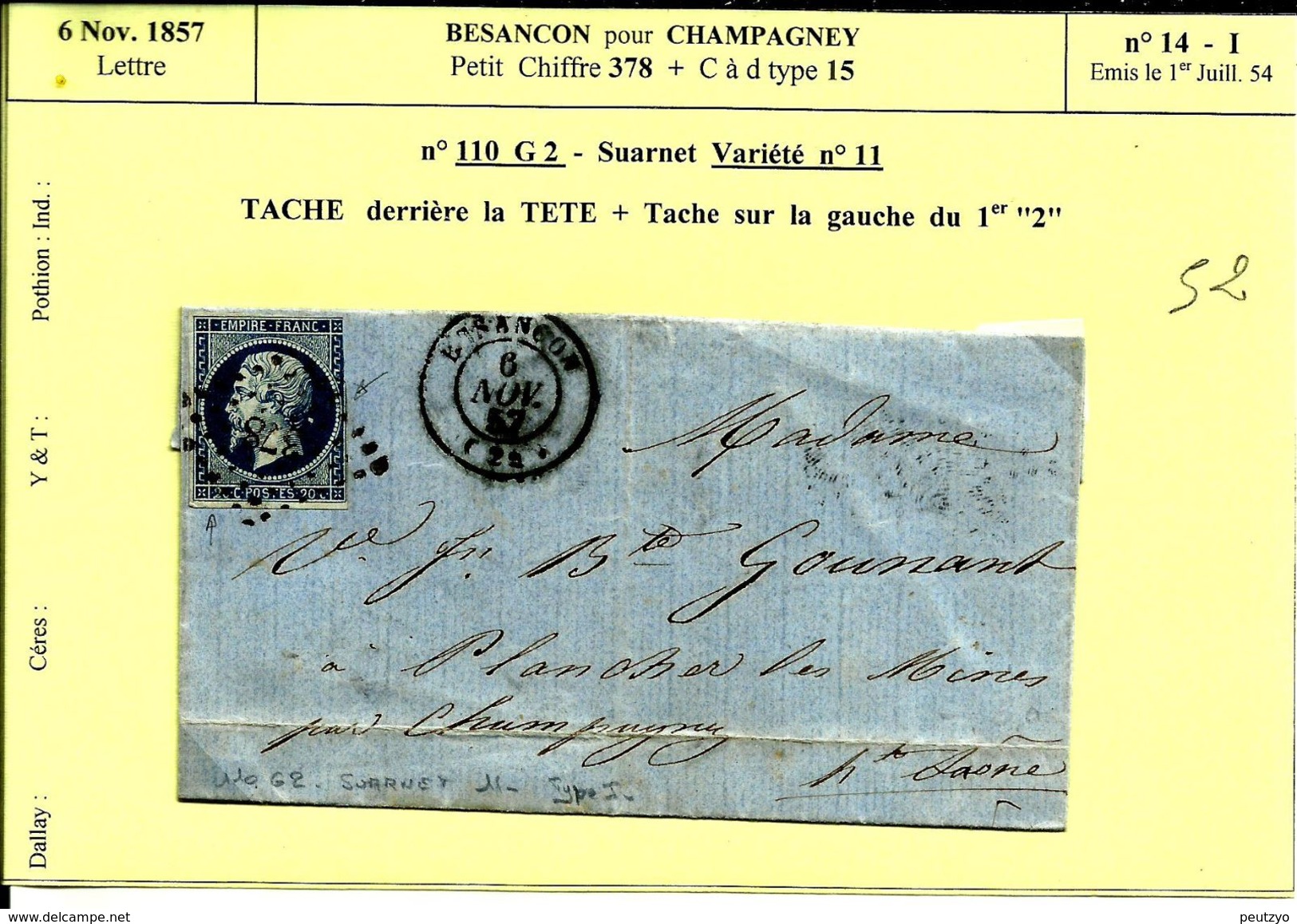 Lettre 6 Nov 1857  Besançon Pour Champagney  GC 378 N°52 - 1853-1860 Napoléon III