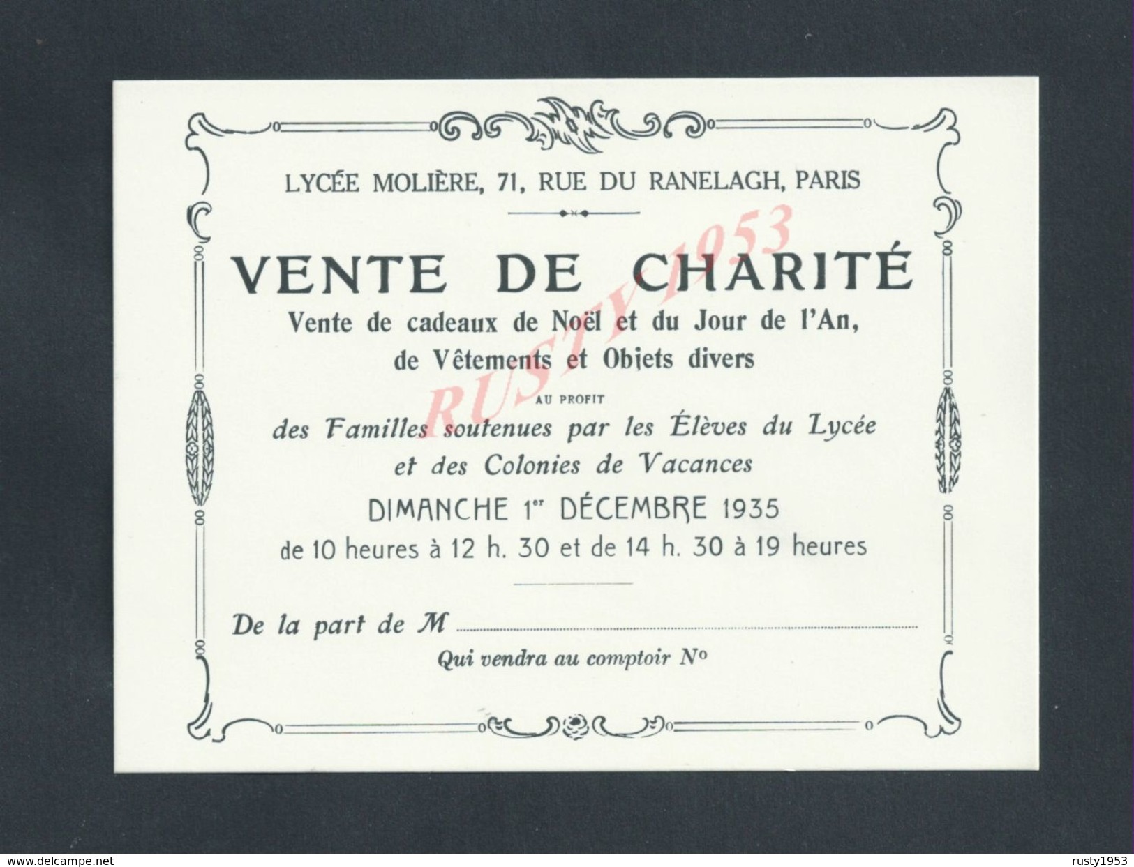 FAIRE PART VENTE DE CHARITÉ LYCÉE MOLIÉRE RUE DU RANELAGH PARIS 1935 : - Verloving